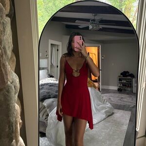 Oh Polly Red Plunge Neck High Low Sundress